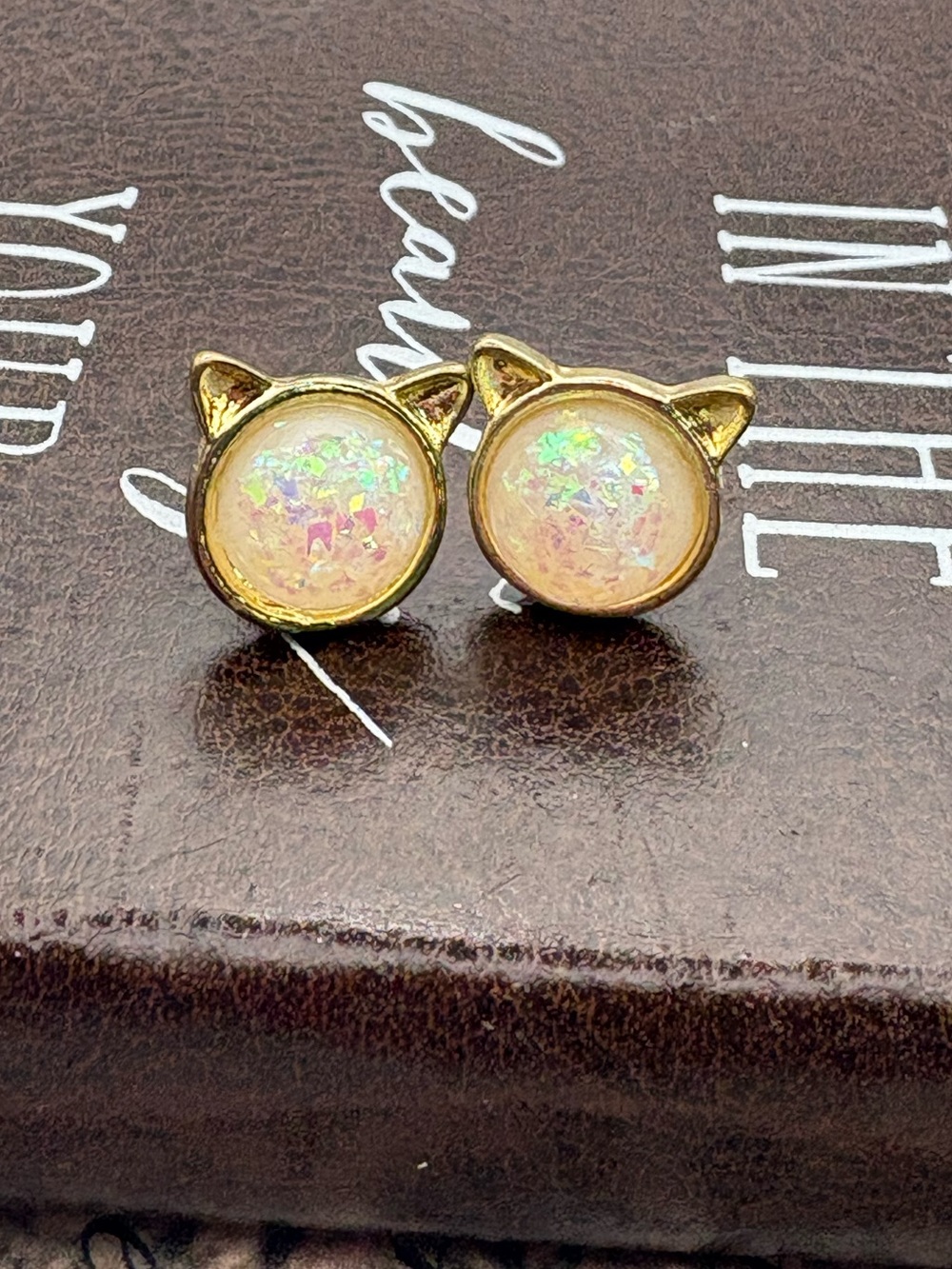 Iridescent Cat Ear Stud Earrings Gold Tone Kawaii Fairycore